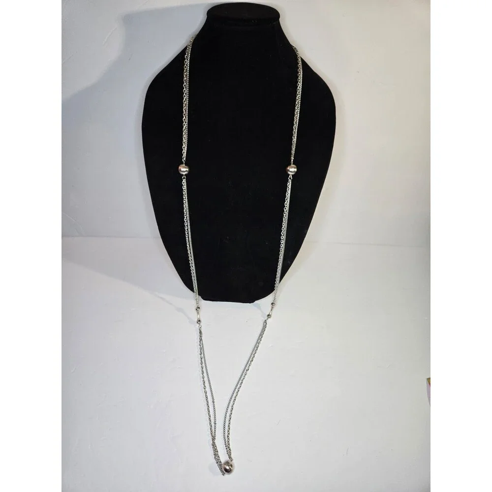 Long Silver Tone Necklace Silver Tone Circular Beads